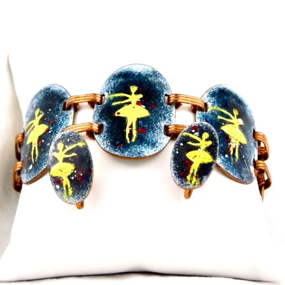 Vintage Copper & Glass Enamel Ballerina Bracelet & Earrings Set by Harris NYC - Picture 2 of 4